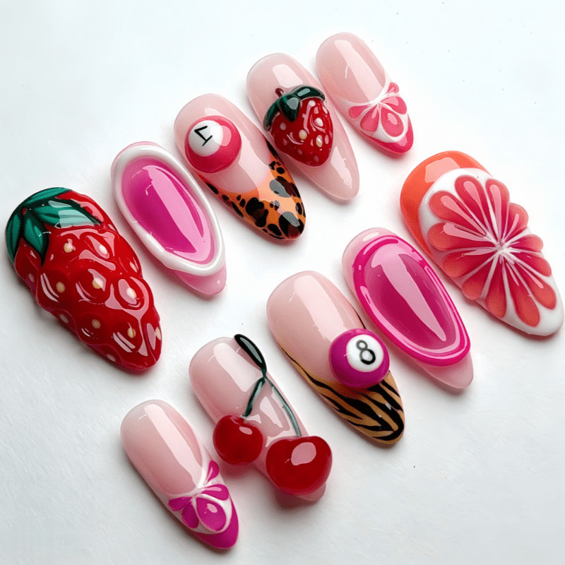 60Pcs Fruit Billiard Leopard Oval Press on Nails,Cute Y2K Summer Nude Fake Nails