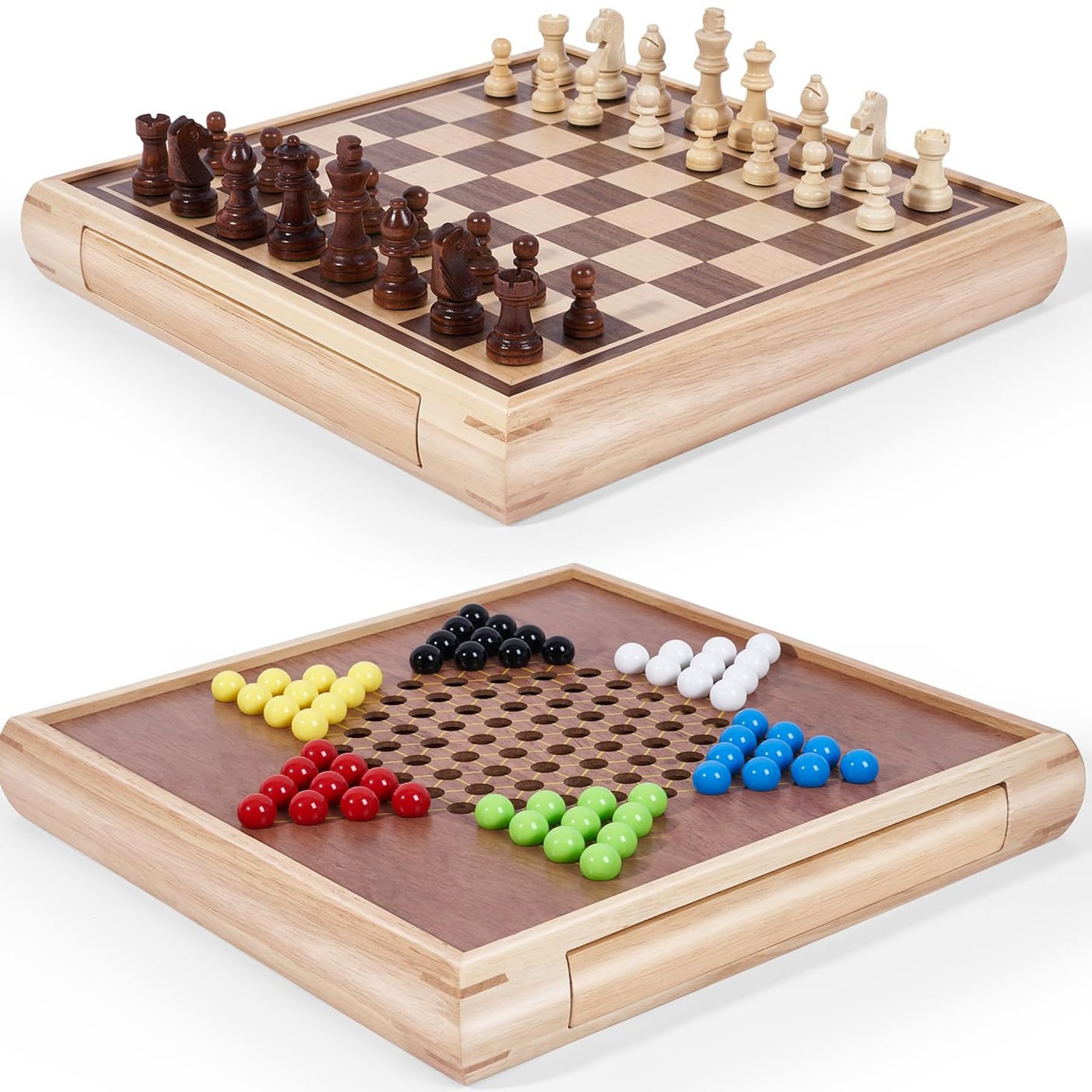 VAMSLOVE 13″ Chess Chinese Checkers 13x13x2 inches, Multi-color, Black, White