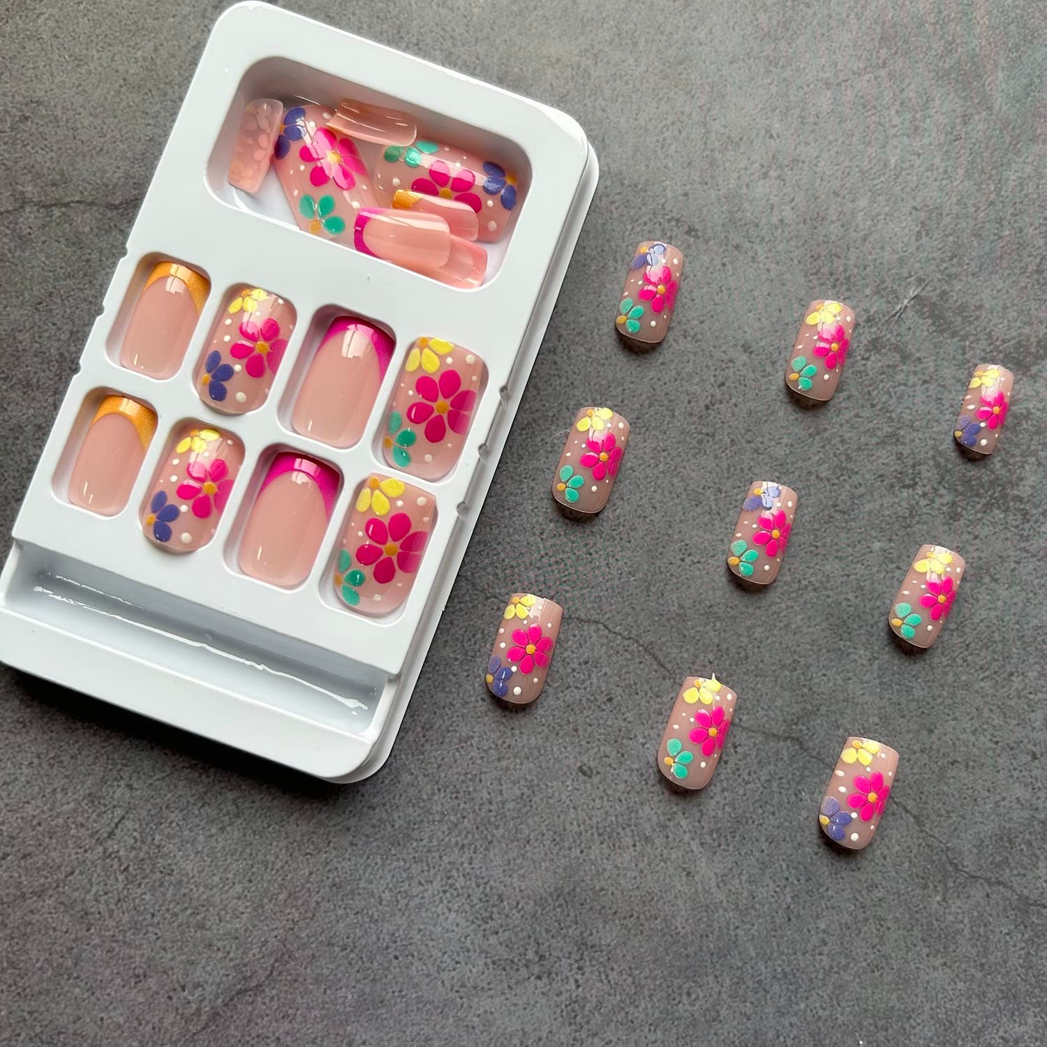 24-Pack Short Square French Tip Fake Nails – Glossy Nude Pink with Flowers