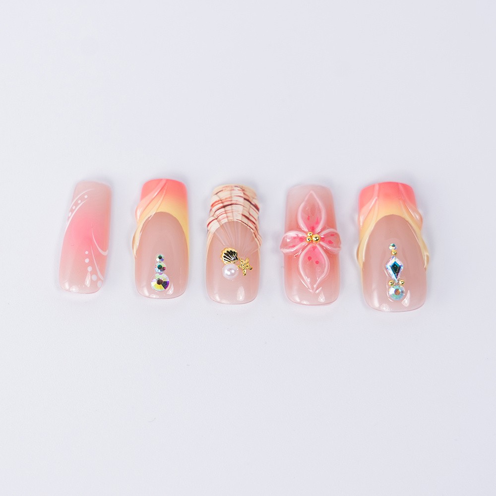 10pcs Peach Gradient Square Nails 3D Flower Gems Tropical Summer Style