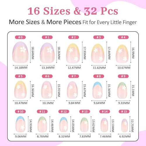 16 Sizes Press on Nails Kit for Kids – 32 Pieces A-Colorful Flower 1 Pack
