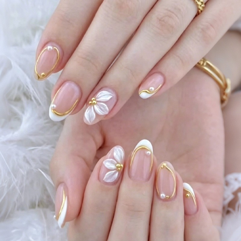 48 Pcs White Floral Gold Line Oval Press on Nails, Elegant Daily Nude Fake Nails
