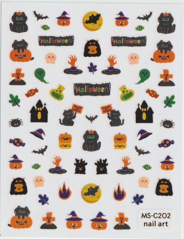 Halloween Nail Art Stickers, Pumpkins, Ghosts, Witch, Black Cat, Bat, Zombie