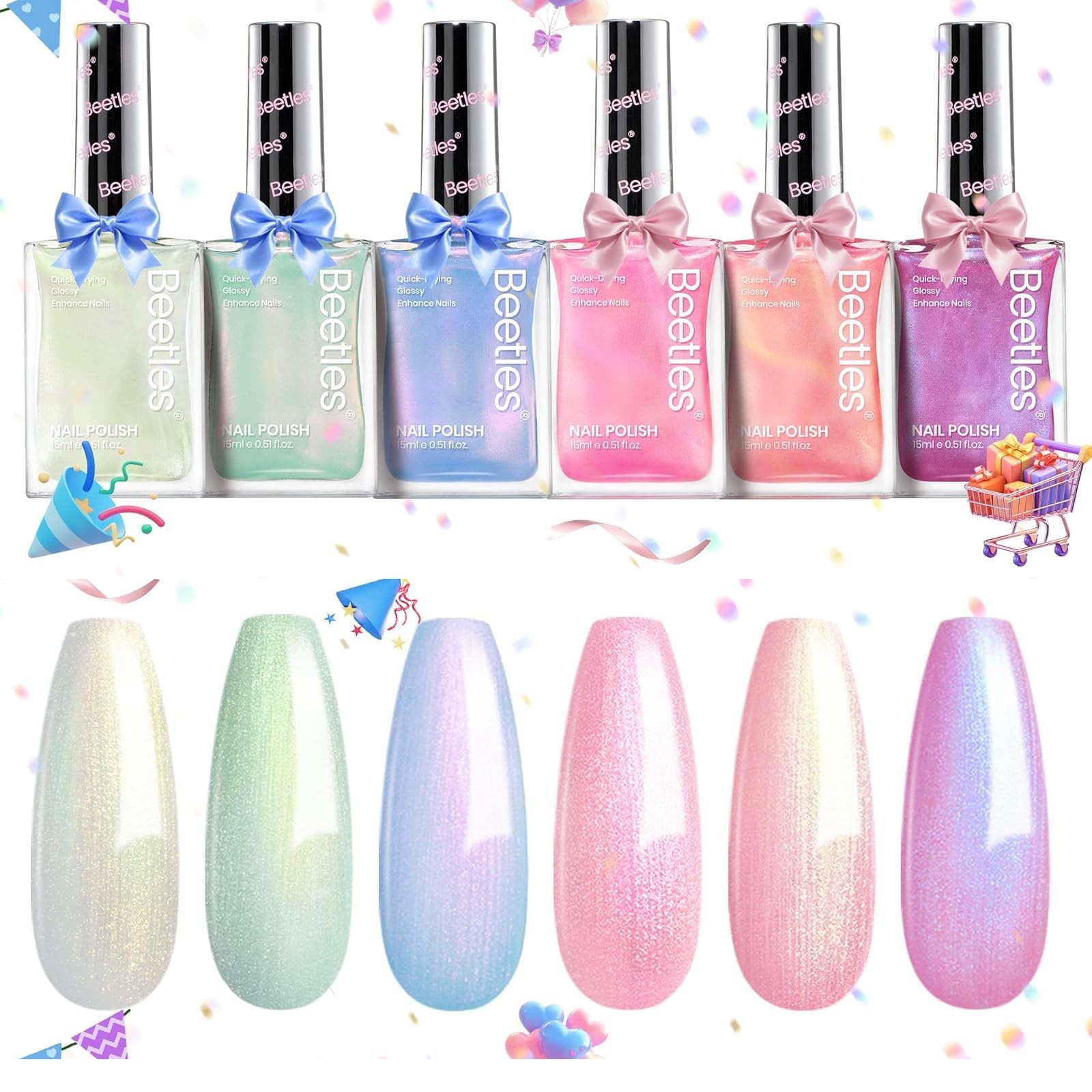 Beetles Pearl Nail Polish Set 6 Colors Shimmer Pink Purple Quick Dry Mermaid