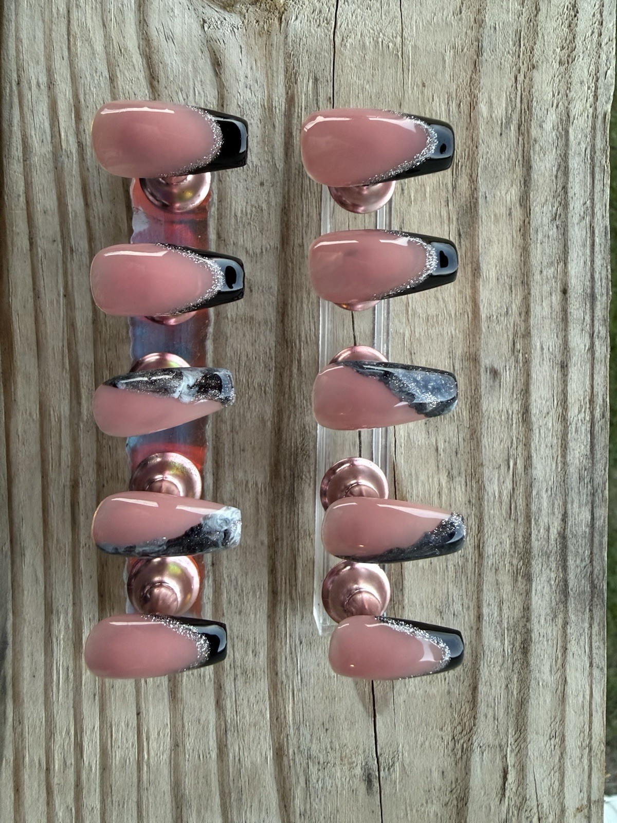 Pink Black Silver French Glitter coffin Medium Full Cover Press-On Nails Set