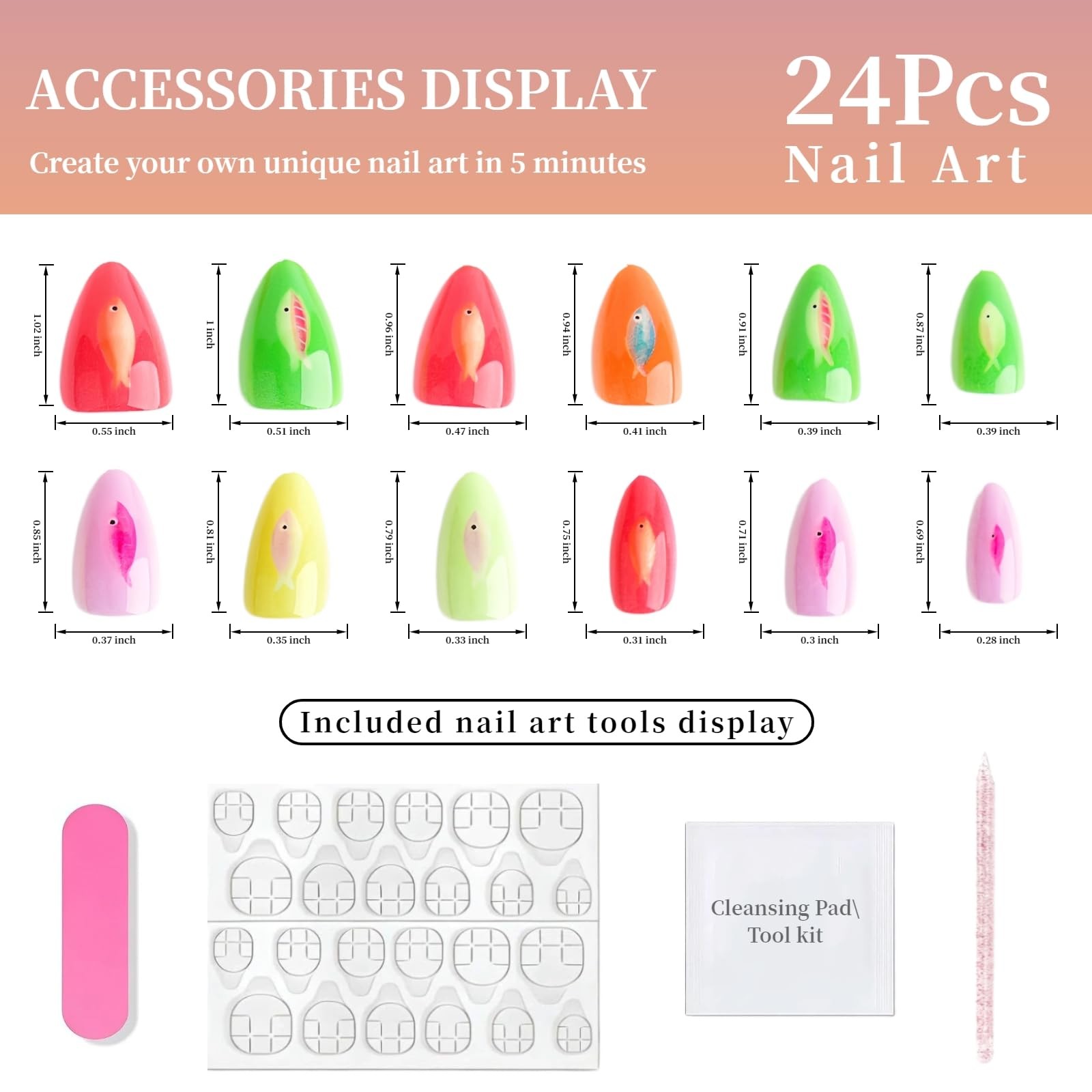 Tephrent Short Almond Press on Nails Little Fish