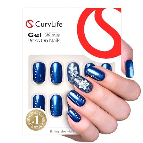 Press On Nails Short Square – Metallic Royal Blue Nails with White Flowers