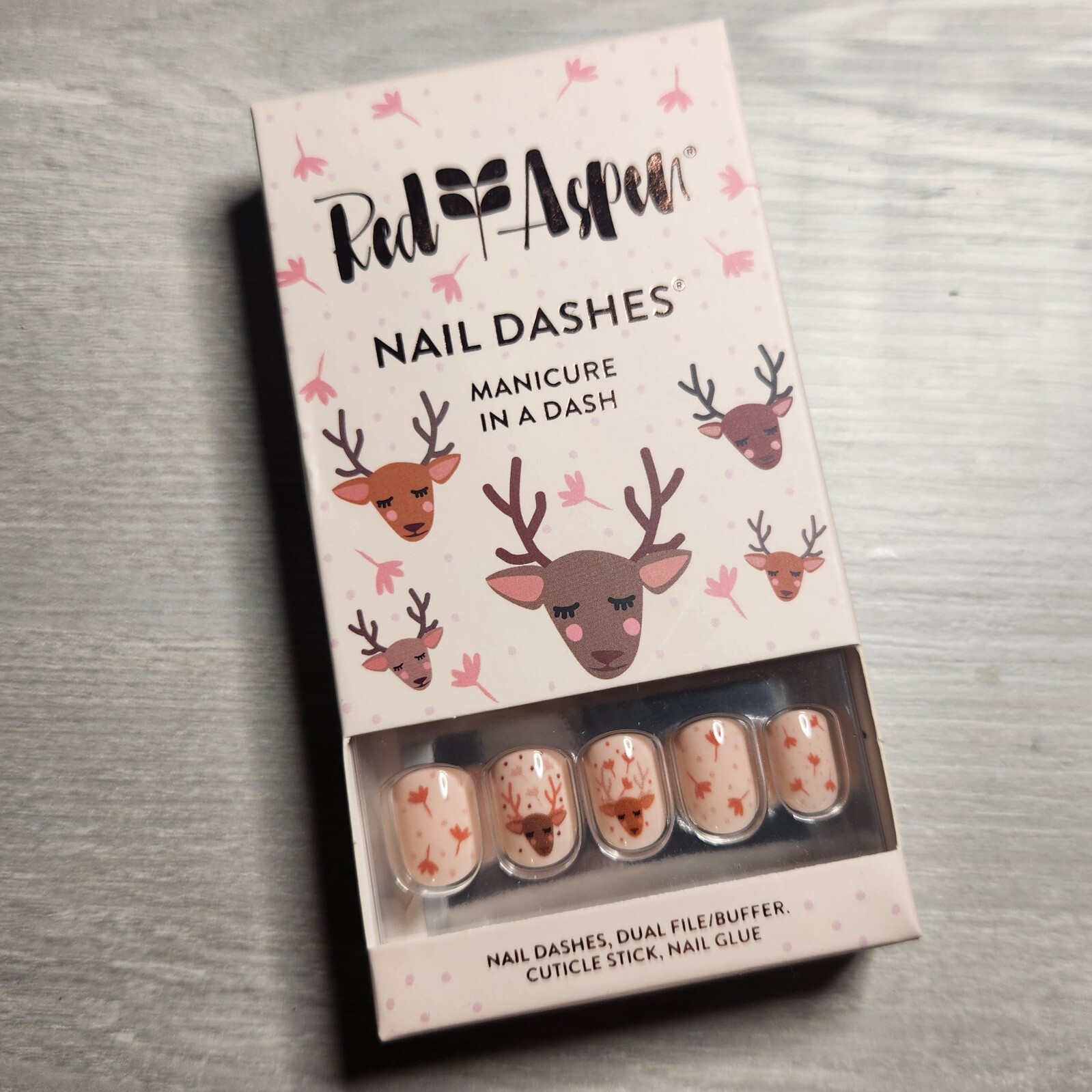 Press On Nails Oh Deer, Alexis Short Square Christmas Reindeer Dashes Red Aspen