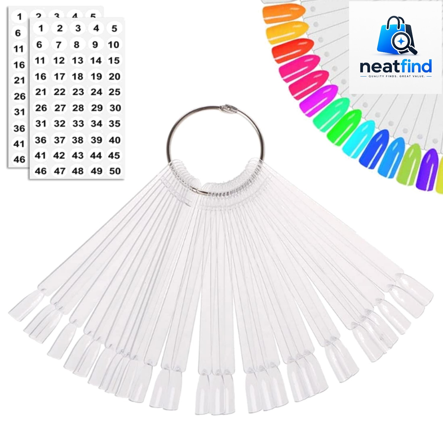 Clear Nail Swatch Tips with Hanging Ring – 50 Count for Color Organization