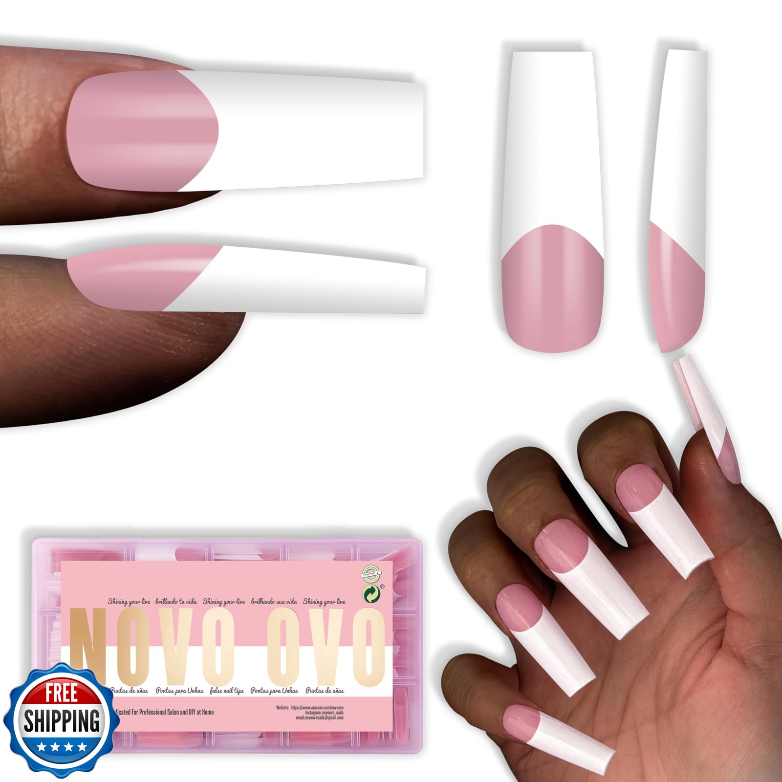 NOVO OVO Old School Wide White French Tip Nail Tips Press on, Long Tapered Sq