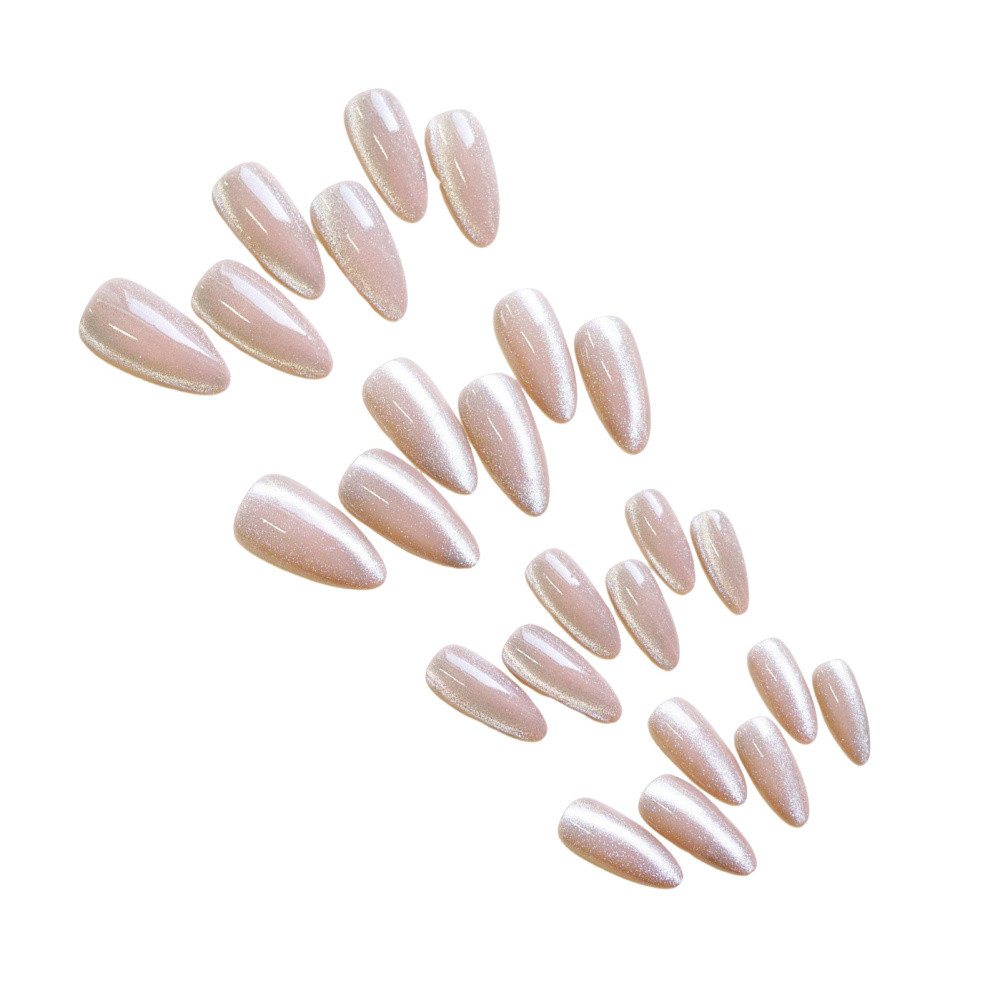 Pink Almond False Nail Glittering Cat Eye French Nail Tips Shimmer Fake Nail 24p