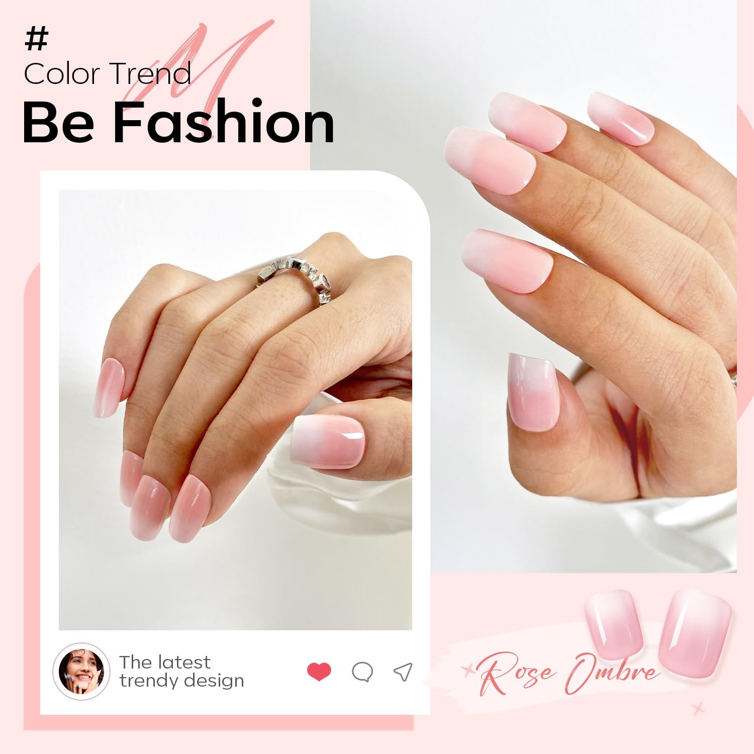 Modelones Pink Ombre Press on Nails, Summer Short Square short, B6-Pink