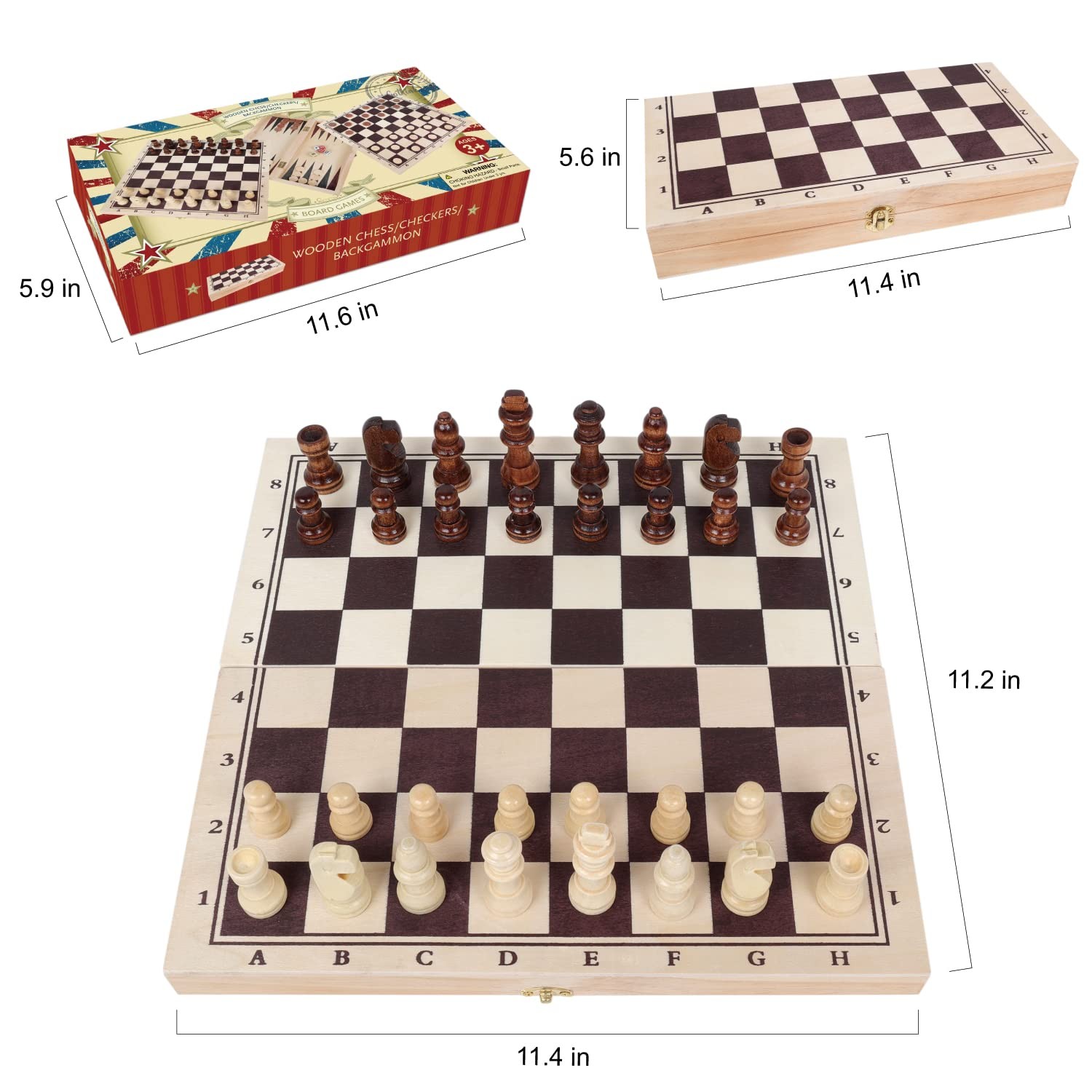 GOTHINK Wooden 28.956 centimeters, 3 in 1 – Chess, Checkers & Backgammon – 11