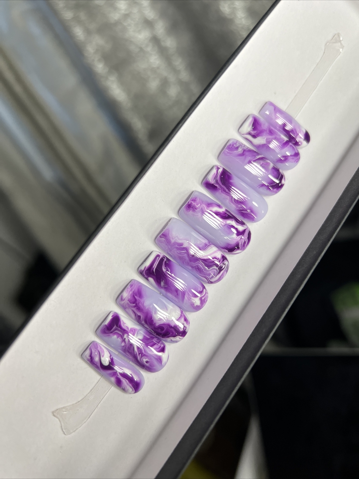 🔥CUSTOM Gel Press On False Nails, Purple Marble, 10p set,Medium Square W Kit