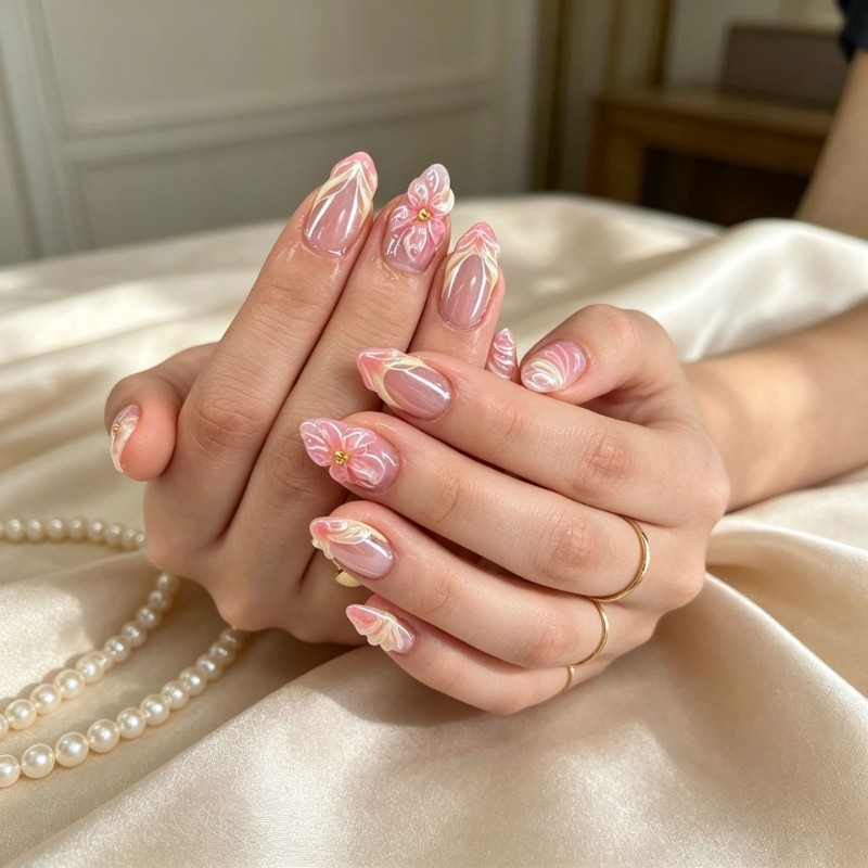 Pink Gradient Press On Nail with 3D Flower Almond Shape False Nail 30Pcs/Set