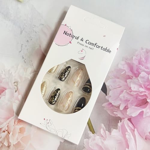 Black Amber Press on Nails Almond Fake Nails Medium Length Gold Foil style2