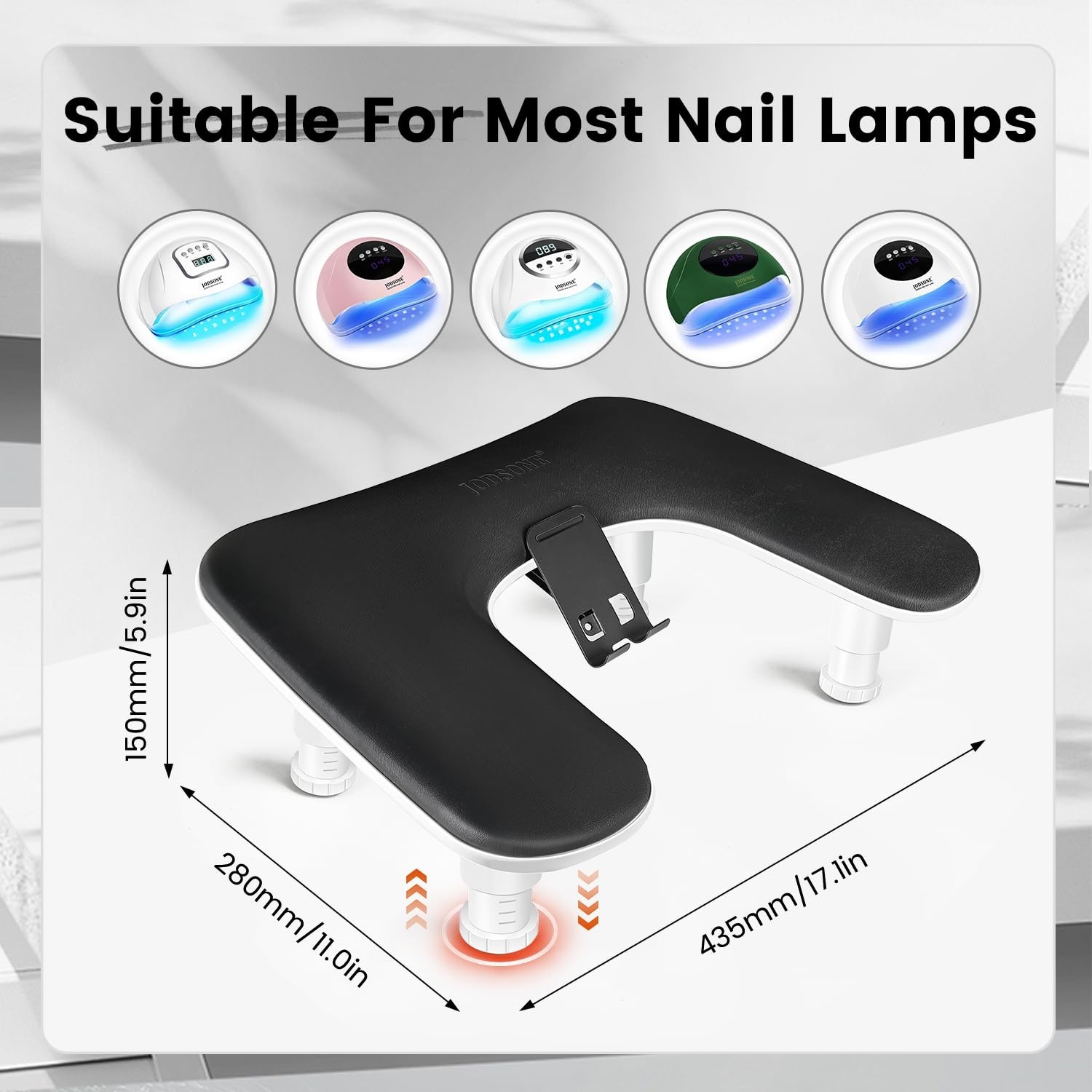 U-Shaped Black Arm Rest for Nail Techs, 360° Rotating Phone Holder, Adjustable D