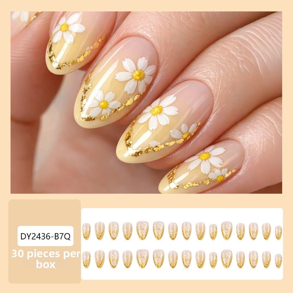 Floral Design Press On Nails Almond Cut White Nude Gold Trimmed 24 Pieces ABS