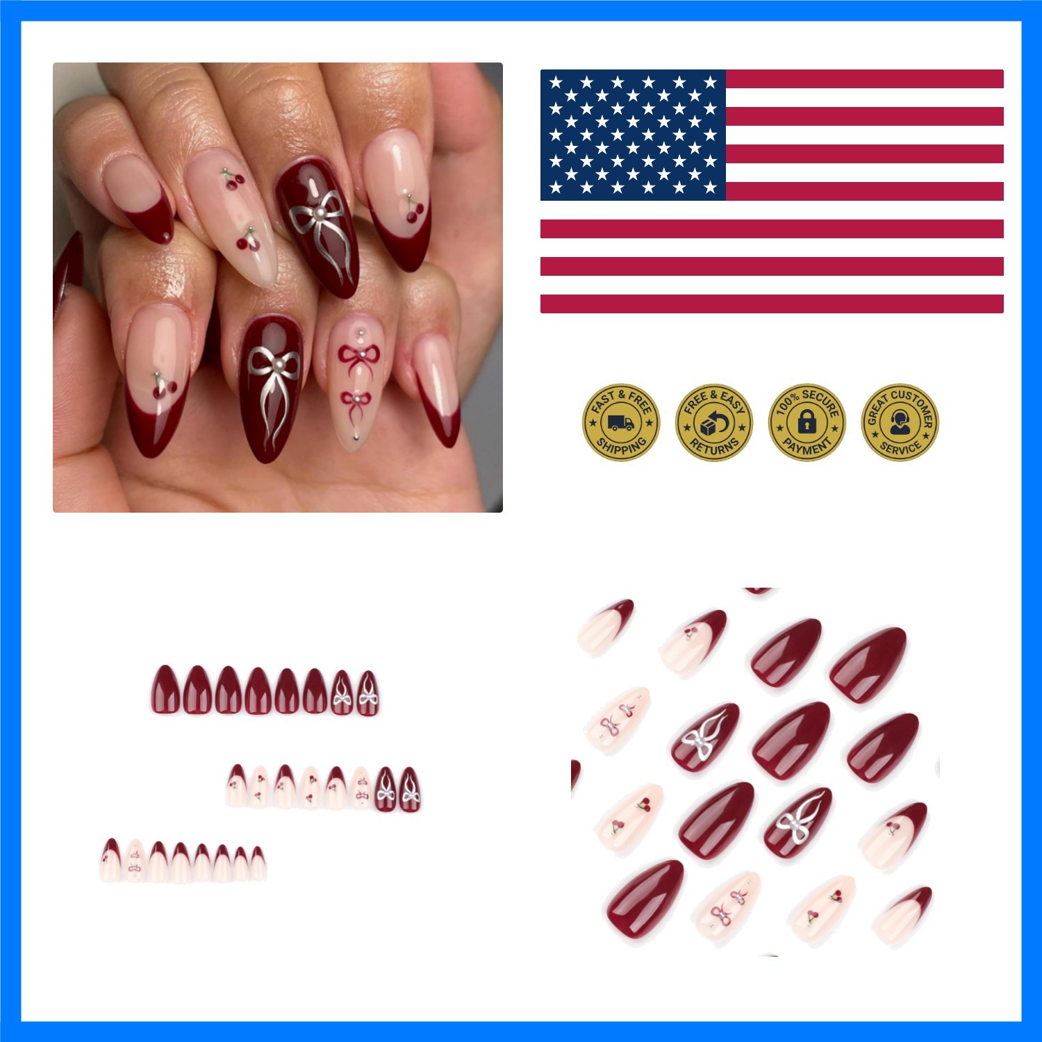 Red French Tip Press on Nails Cherry Fake Nails Short Almond False Nails with…