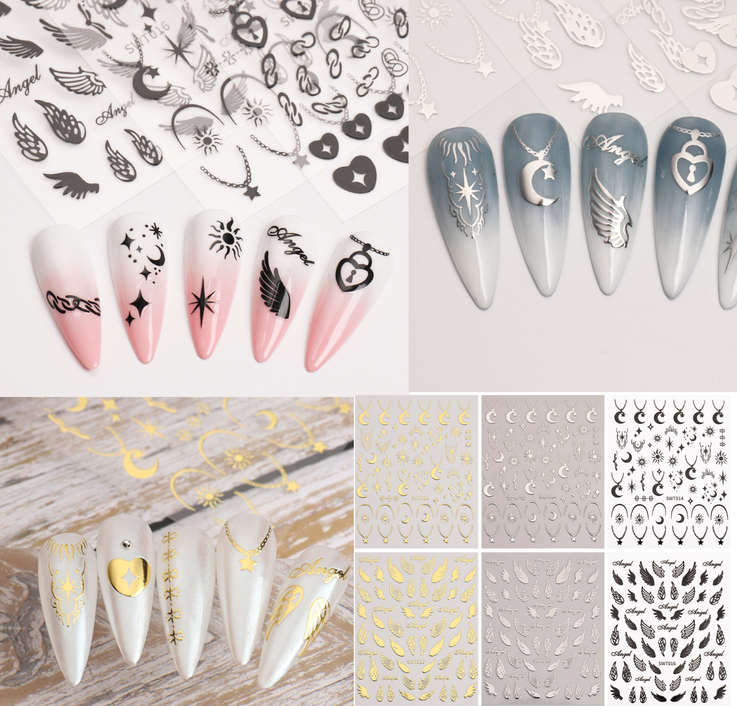 Nail Art Stickers 3D Angel Wing Heart Moon Star Sun Jewelry Self Adhesive NS48