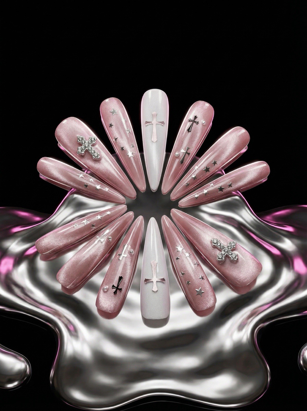 Silver Cross Glam Long Stiletto Press On Nails, Cross Rhinestone Nude, Handmade