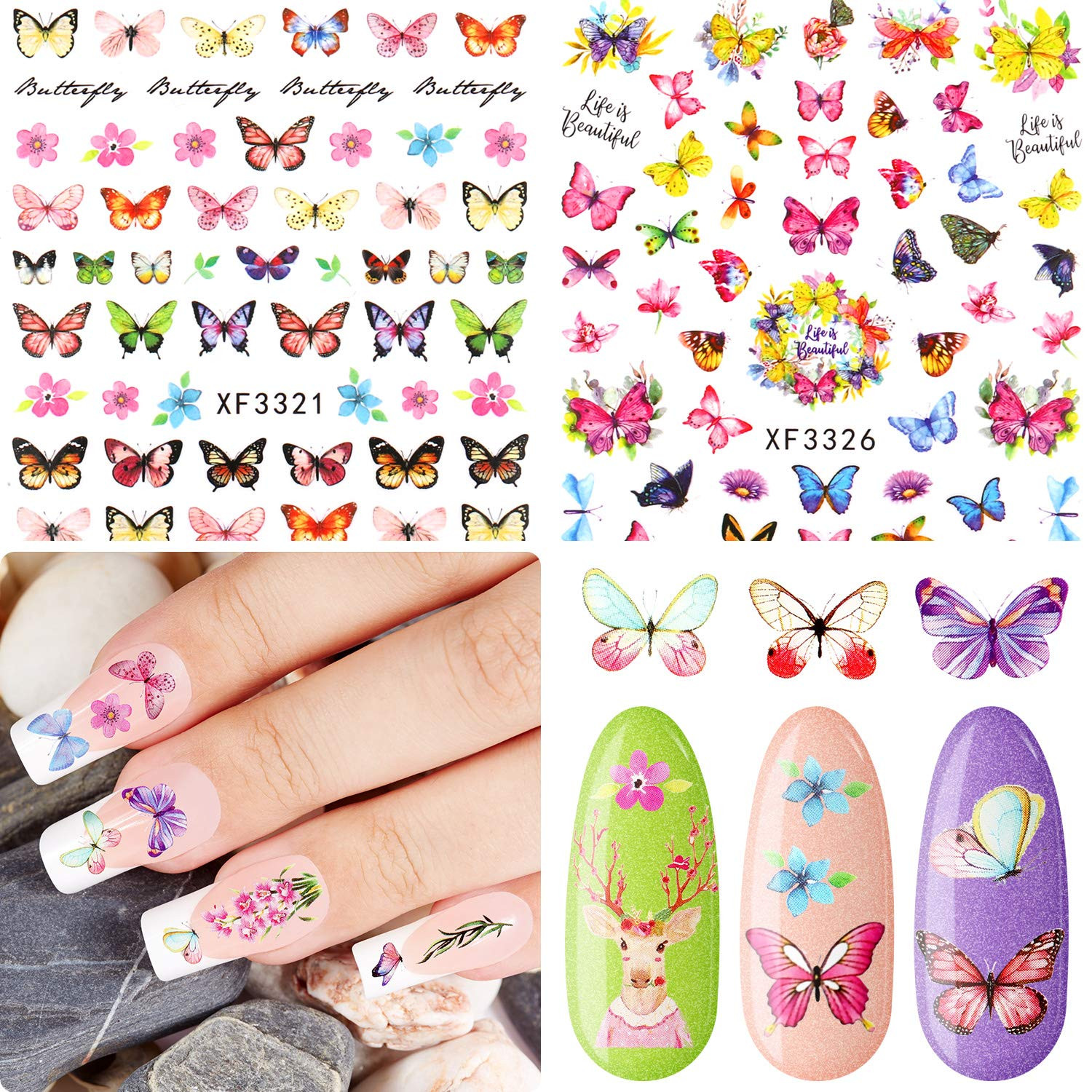 24 Sheets Colorful Butterfly Flower Nail Stickers – Mixed Design Self-Adhesive N