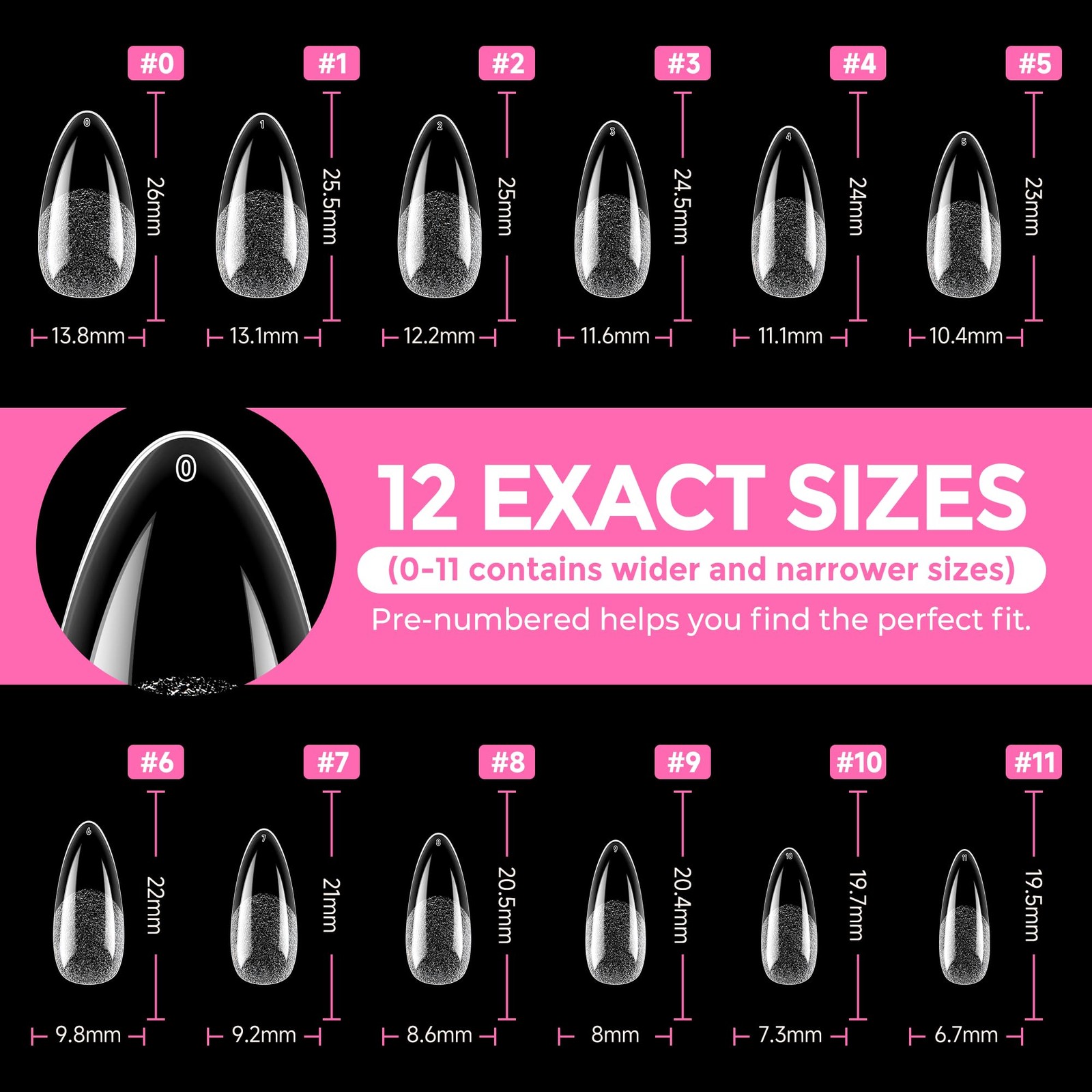 216pc Clear Medium Almond Nail Tips Full Cover Gel Press on Nails 12 Sizes DIY