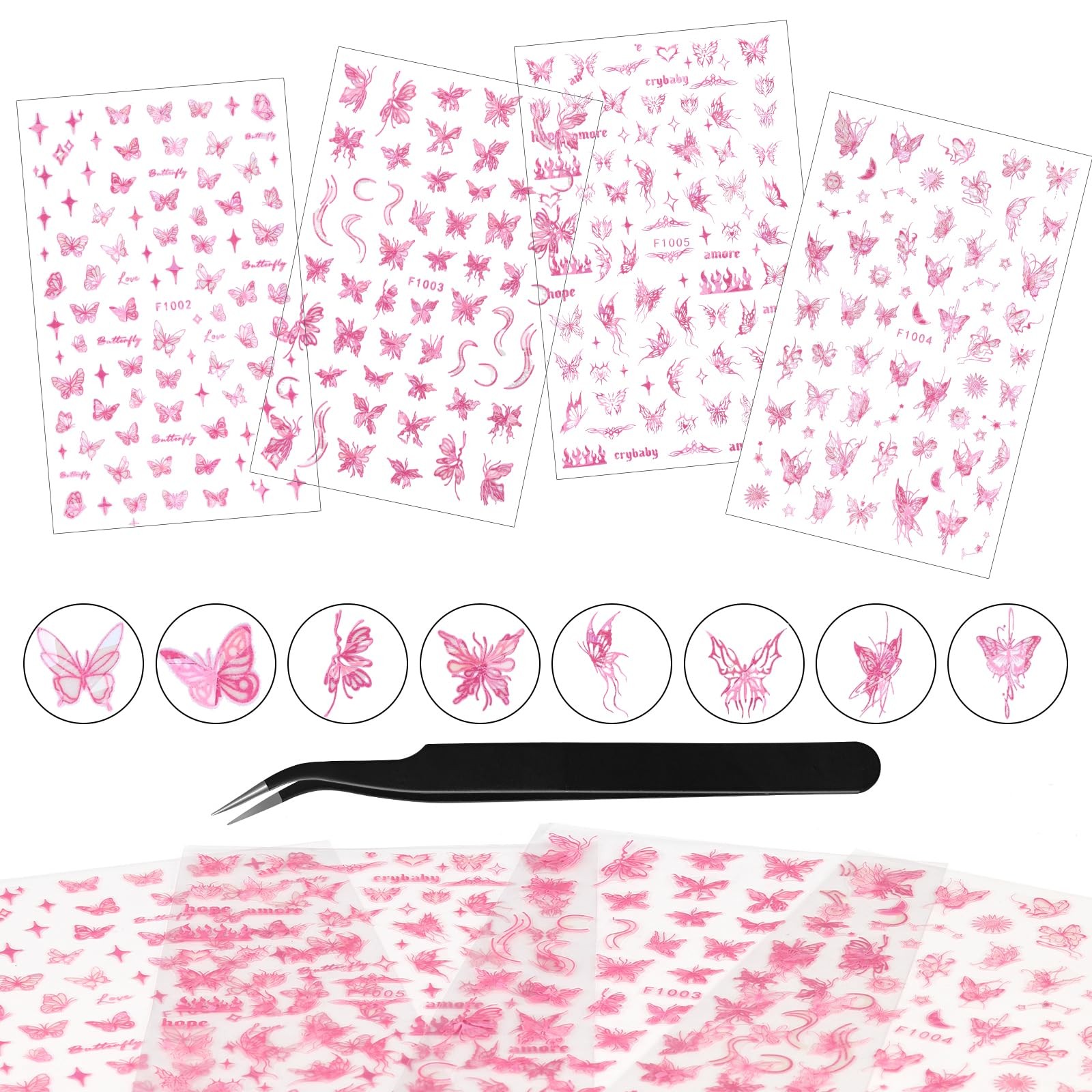 kikonoke 3D Butterfly Nail Stickers Laser Pink Sun Moon Star 4 Sheets