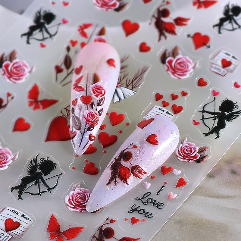 Valentine’s Day Nail Art Stickers Decals 5D Embossed Angel Heart Nail Style1