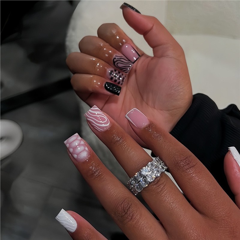 Short Square Marble Strip Press On Nails Removable False Nails Wholesale