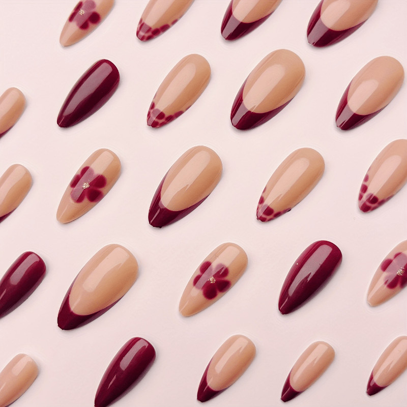 48P Short Almond Press on Nails, Wine Red Swirl French Luxury Fake Nails