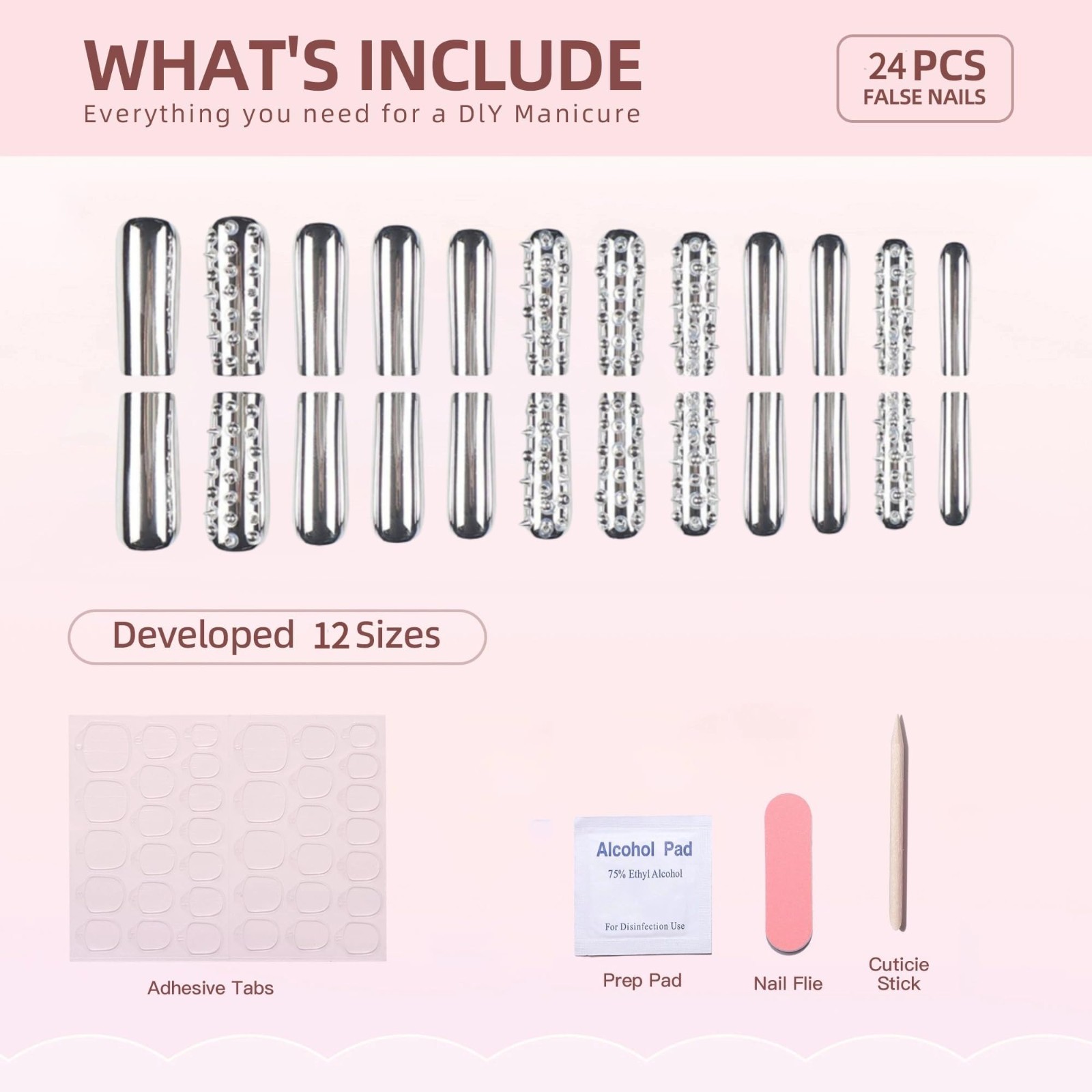 Extra Long Square Metal Silver Plating Press On Nails, Full Cover Glossy Acrylic