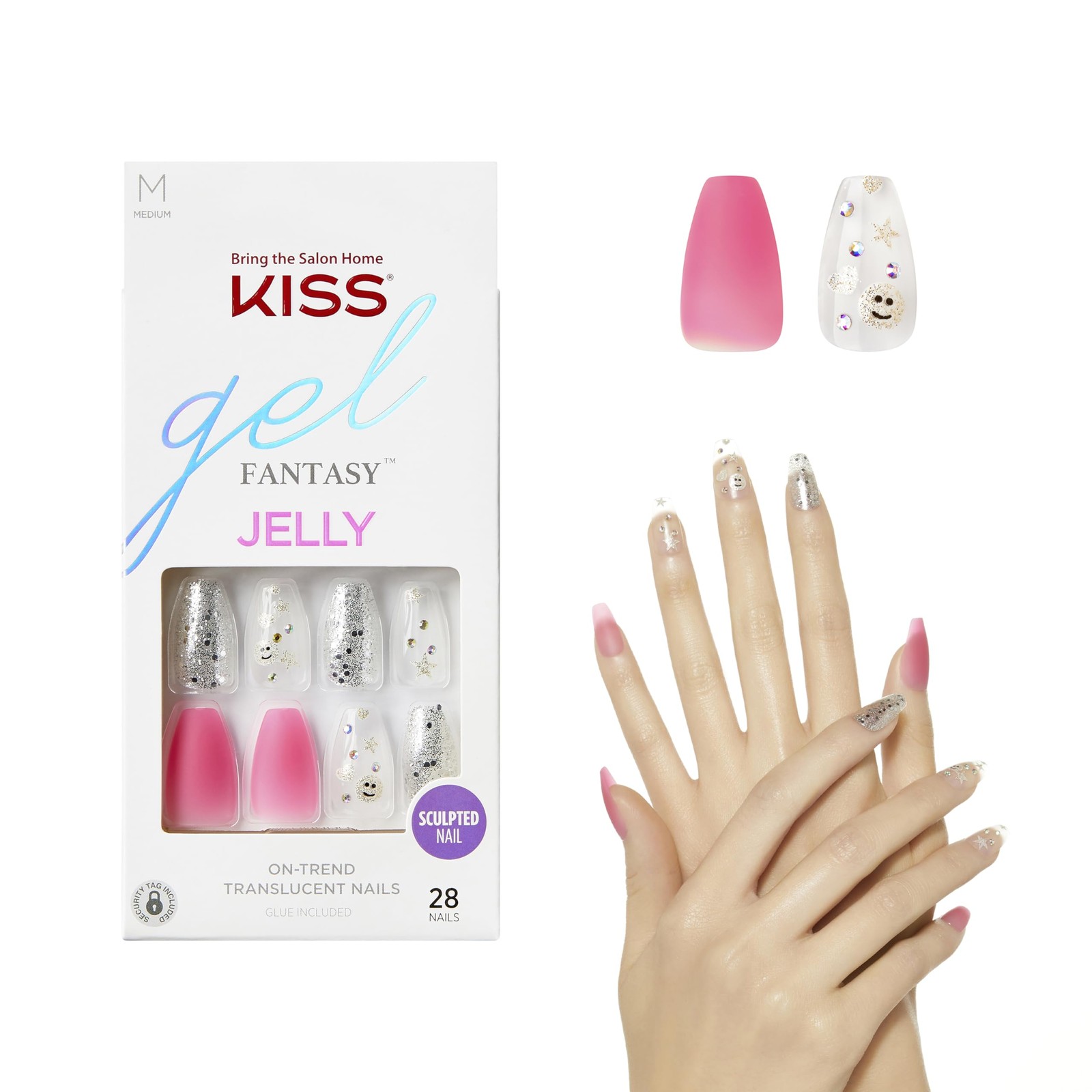 KISS Gel Fantasy Press On Nails, Nail glue 31 Piece Set, Fun & Jelly