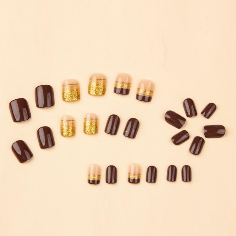 48Pcs-Chocolate Brown Gold Line Press on Nails Glossy Short Square Nail Art Set
