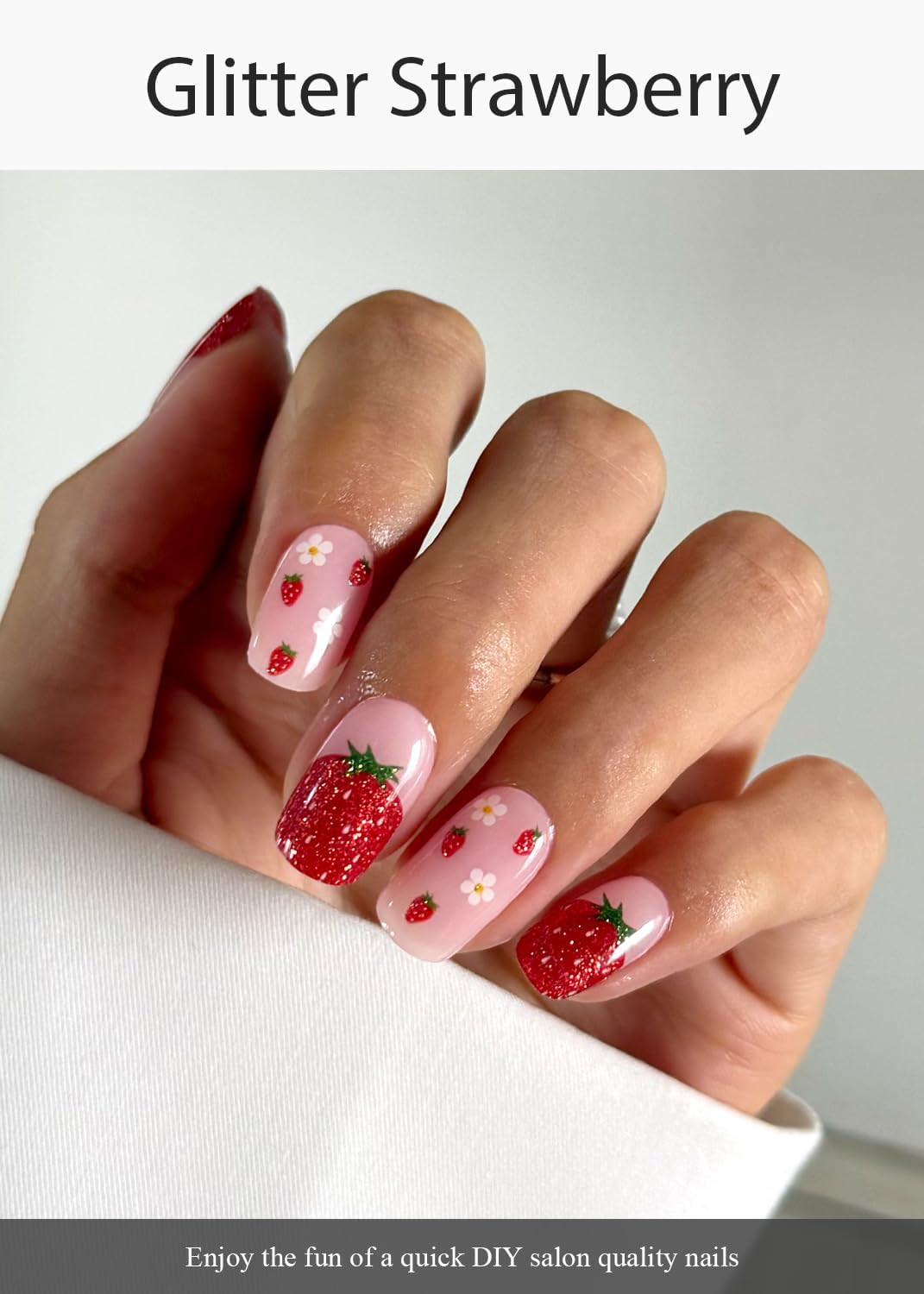 Semi Cured Gel Nail Strips (Glitter Strawberry), 20 Pcs Gel Nail Wraps, Stickers