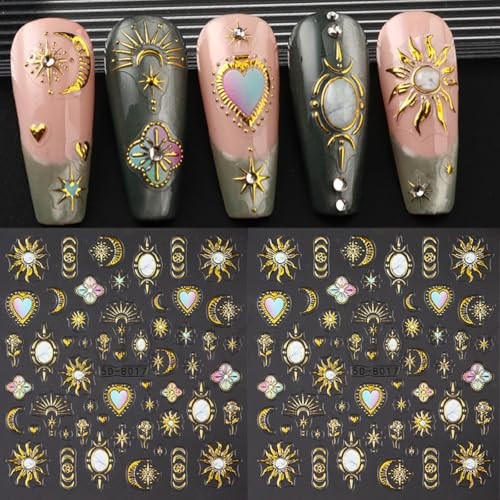Gold Nail Stickers 5D Sun Moon Heart Nail Decals 2PCS 3D Self Gold Style