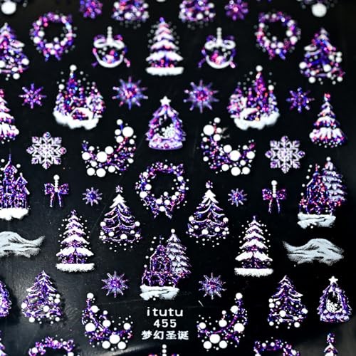 1 Sheets Purple Christmas Nail Art Stickers Embossed Xmas Snowflake Nail Wen-21