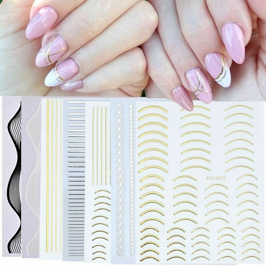 Nail Art Stickers Decals Rose Gold Lace Abstract Lines French Line Manicure NS33