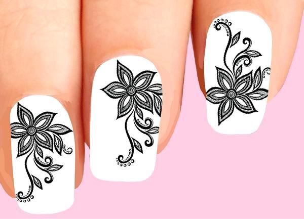 Waterslide Flowers Nail Decals Set of 20 – Black Lace Flower