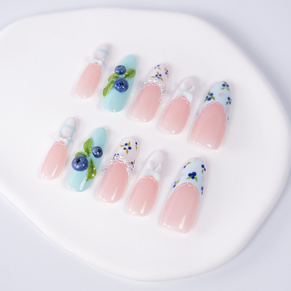 10pcs Pink Mint Square Nails 3D Blueberry Lace Bow Summer Picnic Cute