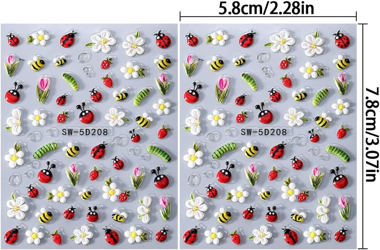 Cartoon Cute Insect 5D Nail Art Stickers Hawaiian Flower Daisy Tulip Strawberry