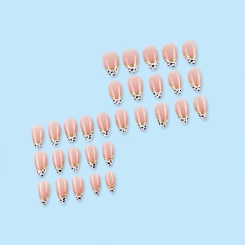 French Tip Press on Nails Short Almond Fake Nails Cow Pattern False Nails A12