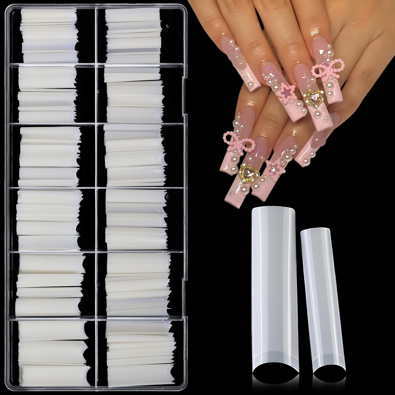 AddFavor Long Nail Tips Square XXL No C Curve 4.5cm Tips, Cream White