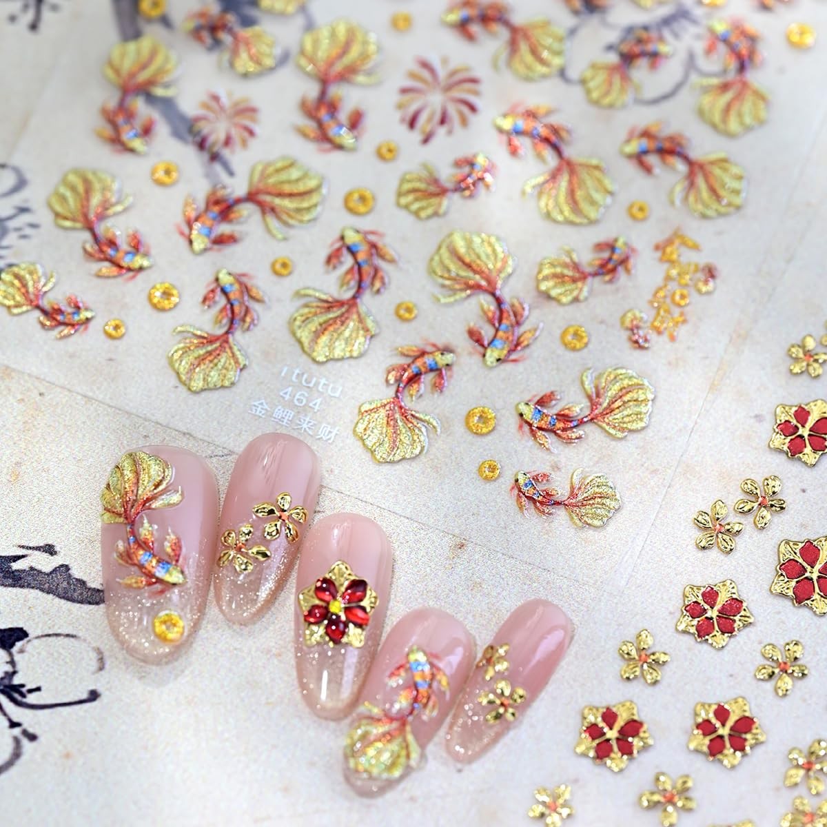 1 Goldfish Nail Art Stickers 5D Embossed Glitter Koi Fish Nail Decals -Adhesi…