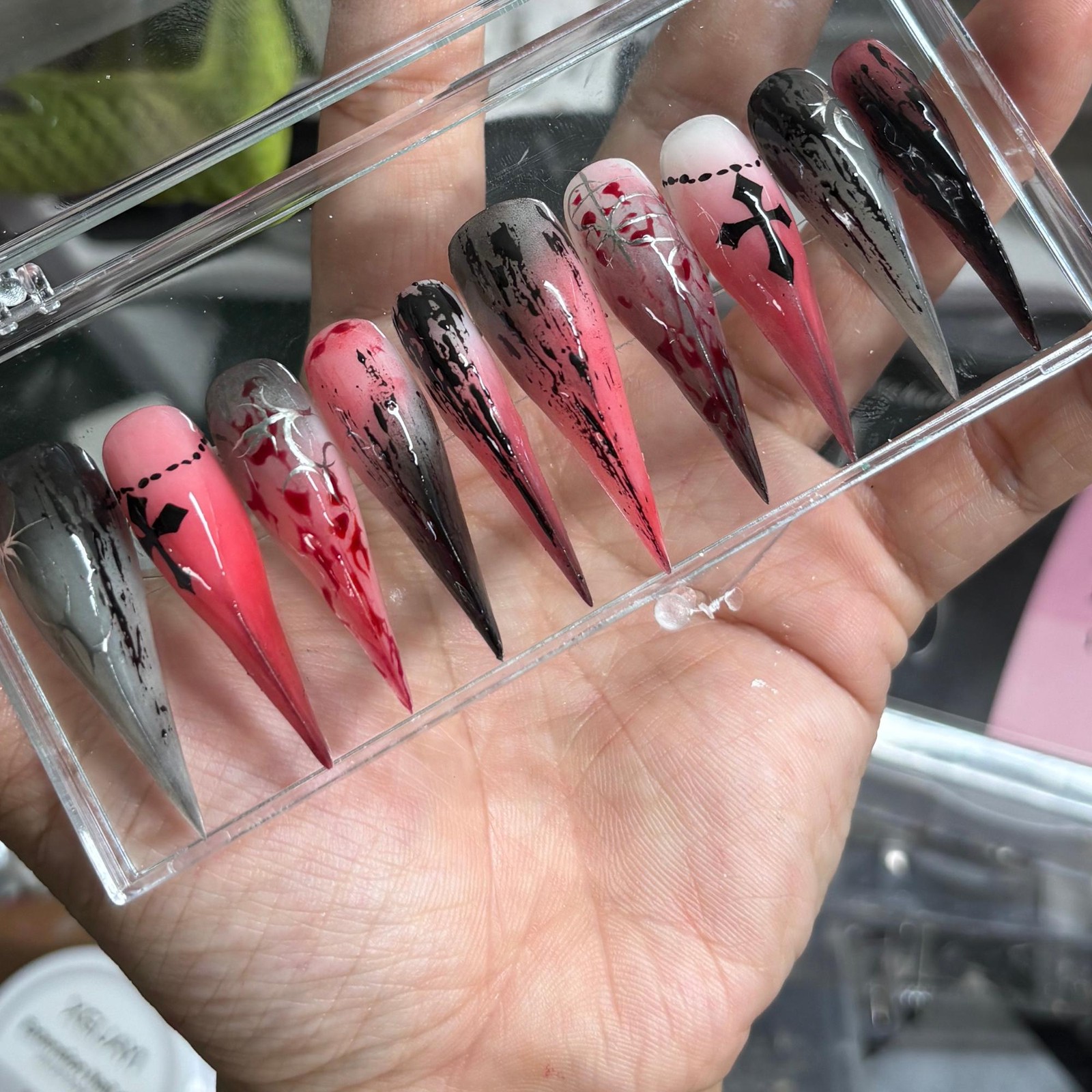 Custom Handmade Halloween Gothic Blood Splash Cross Stiletto Press on Nails