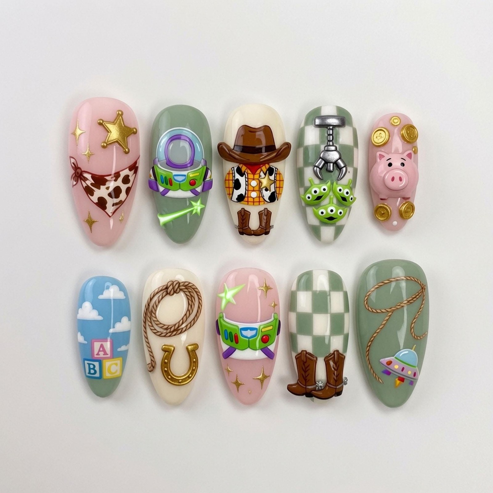 Custom Handmade Toy Story Buzz Woody Alien Pig Cowboy Rope Almond Press on Nails