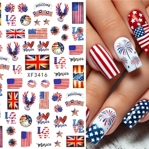8 Sheets Independence Day Nail Stickers Blue Red Nail Decals Flag Blue, Red-8