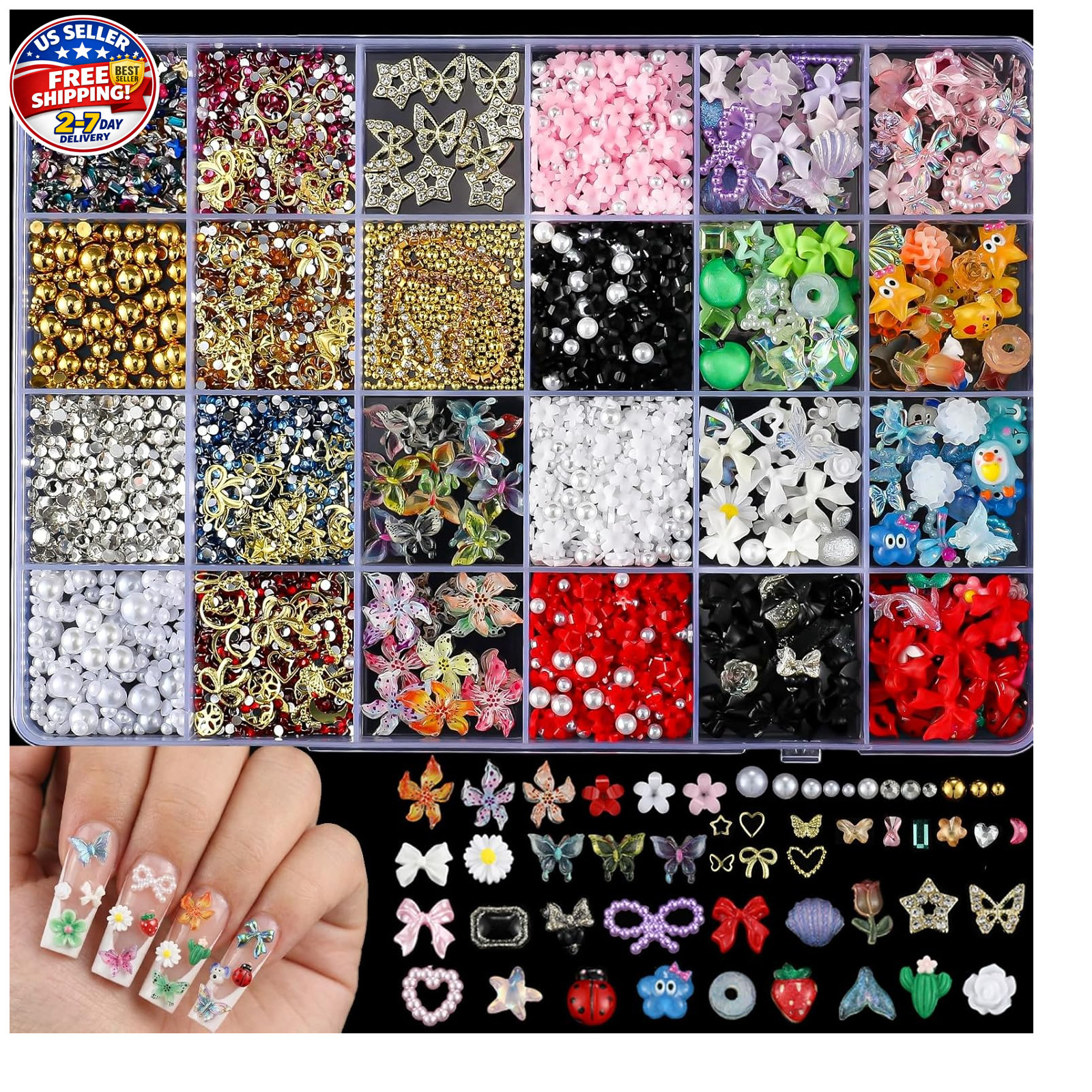 8000Pcs Nail Charms and Gems, 3D Butterfly Bow Star Moon Flowers Gold Jewelry
