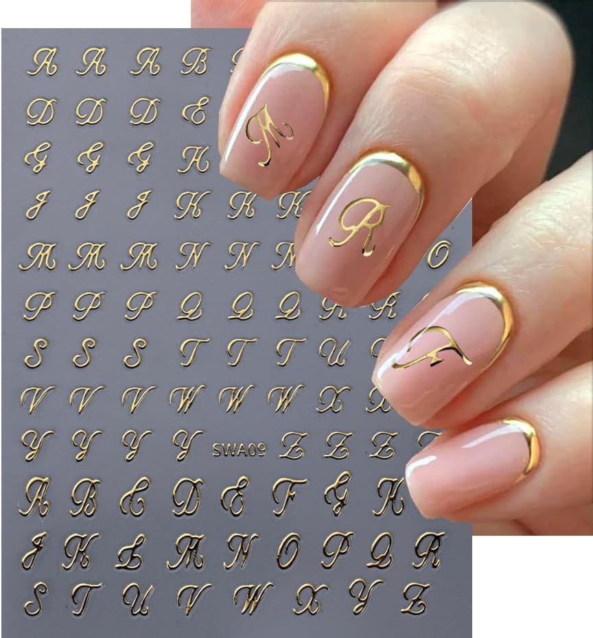 Letter Nail Stickers, 8 Sheets Old English Gold, Silver, Black and White