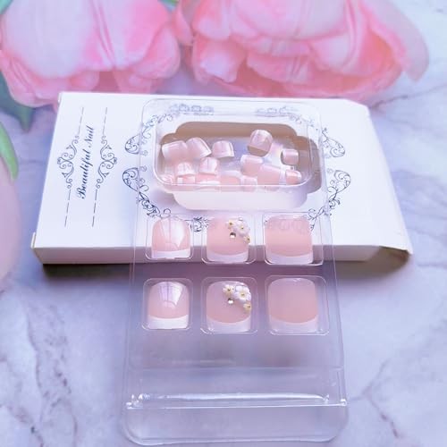 24Pcs White French Tip Press on Toenails Short Fake Toe Nails Press Design E4